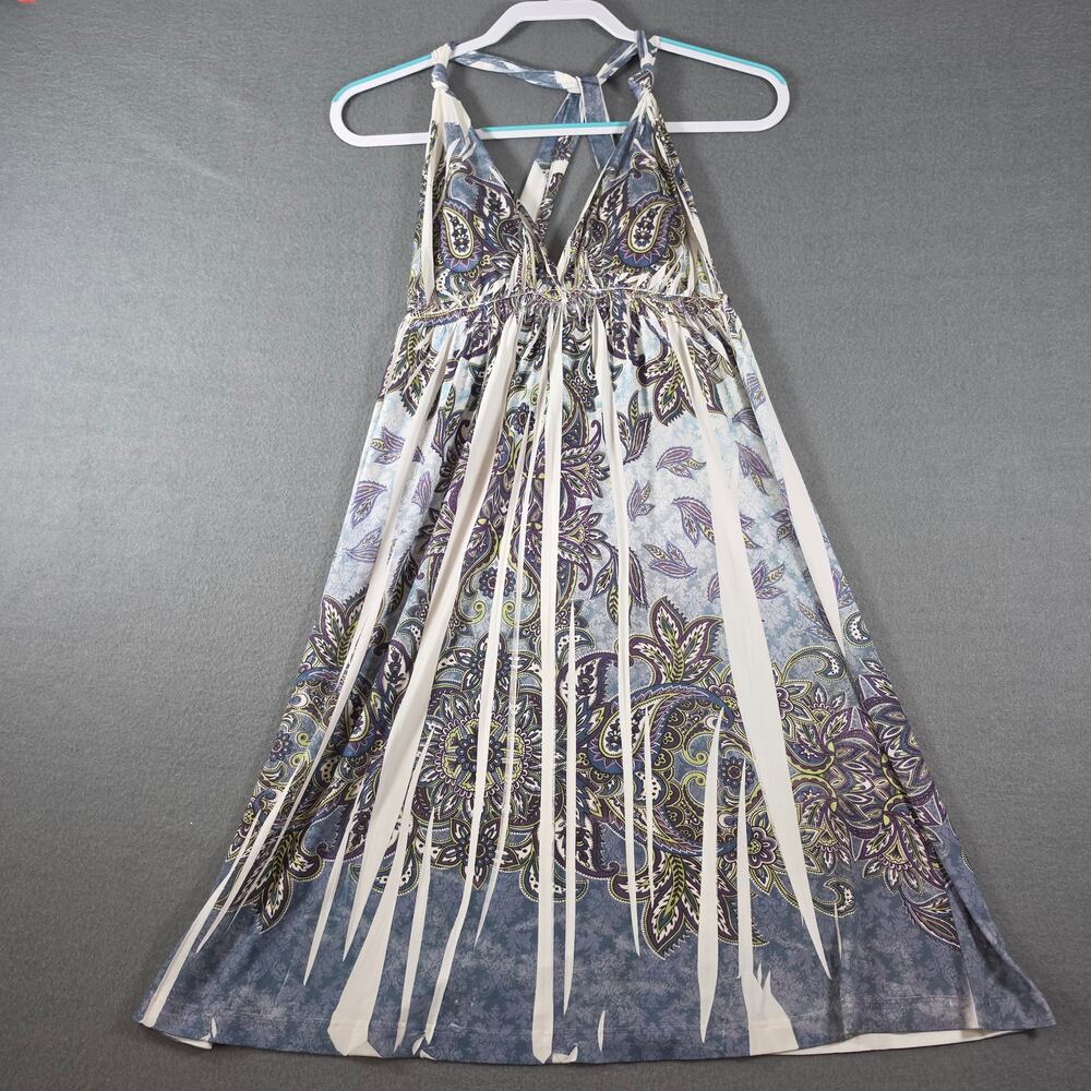 Body Central EUC Size S Paisley Halter Dress Y2K Cutout Design Blue Purple